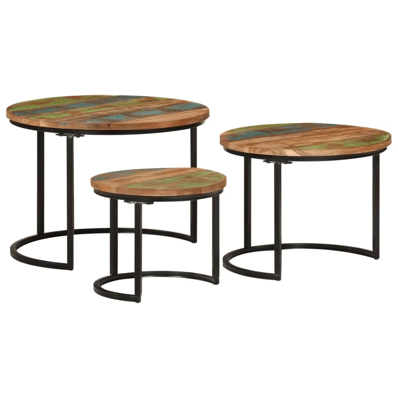 Set de 3 tables basse gigognes en bois massif de récupération et fer DEC031327