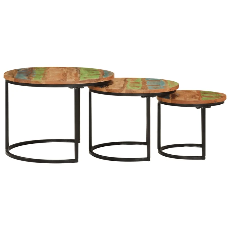 Set de 3 tables basse gigognes en bois massif de récupération et fer DEC031327