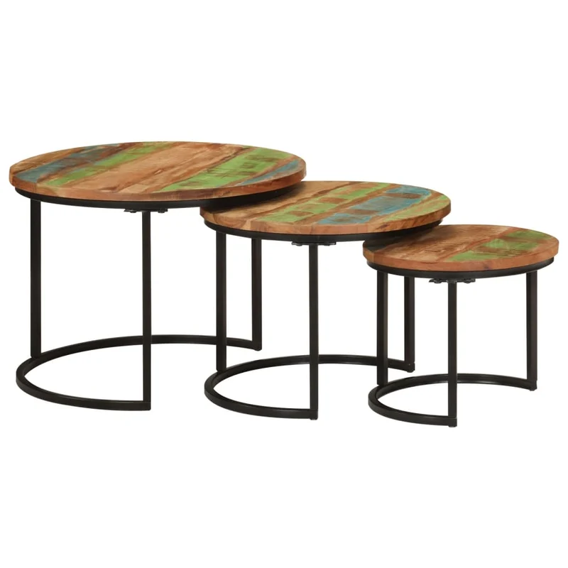Set de 3 tables basse gigognes en bois massif de récupération et fer DEC031327