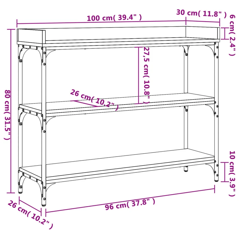 Meuble d'entrée table console design élégant avec étagères 100 x 30 x 80 cm MDF et métal DEC031665