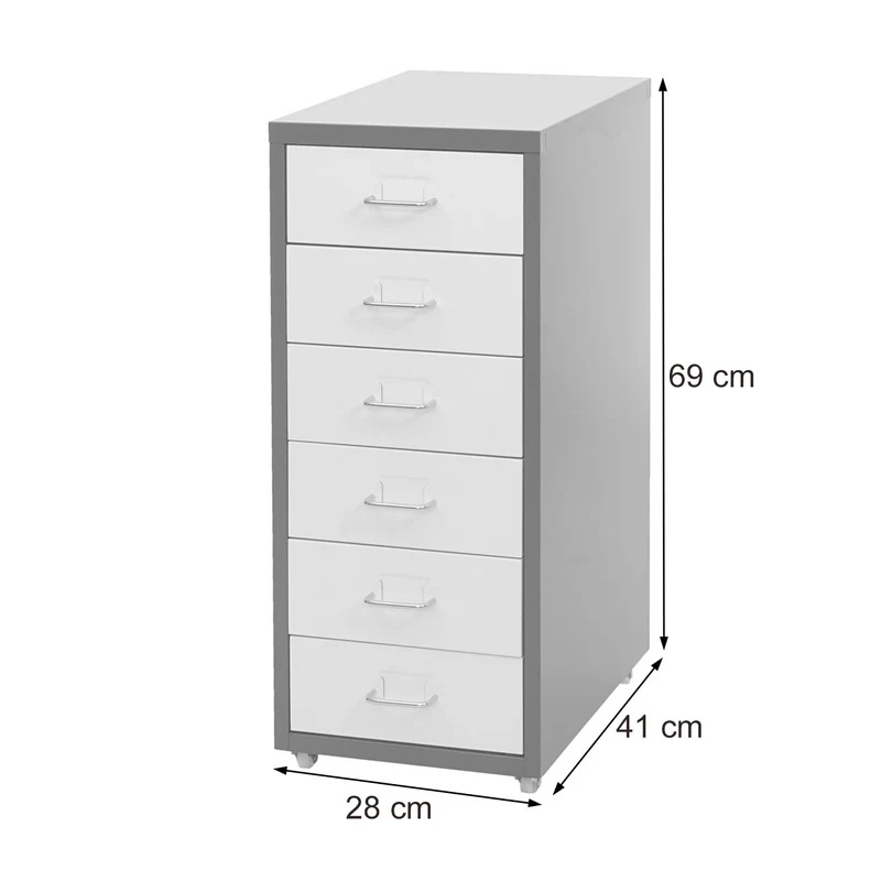 Caisson à tiroirs rangement bureau sur roulettes 69x28x41cm 6 tiroirs en acier blanc 04_0004357