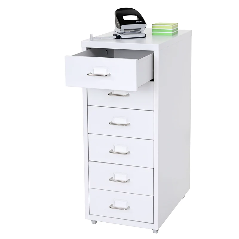 Caisson à tiroirs rangement bureau sur roulettes 69x28x41cm 6 tiroirs en acier blanc 04_0004357