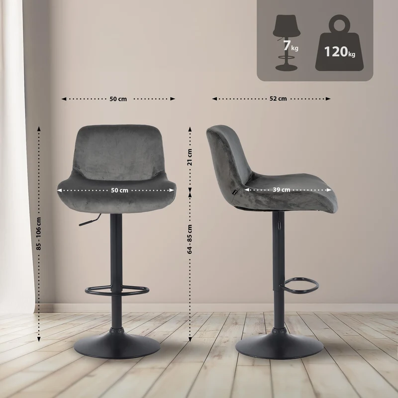 Lot de 2 tabourets de bar réglable en hauteur et rotatif repose-pieds en velours gris foncé cadre en métal noir 10_0006145