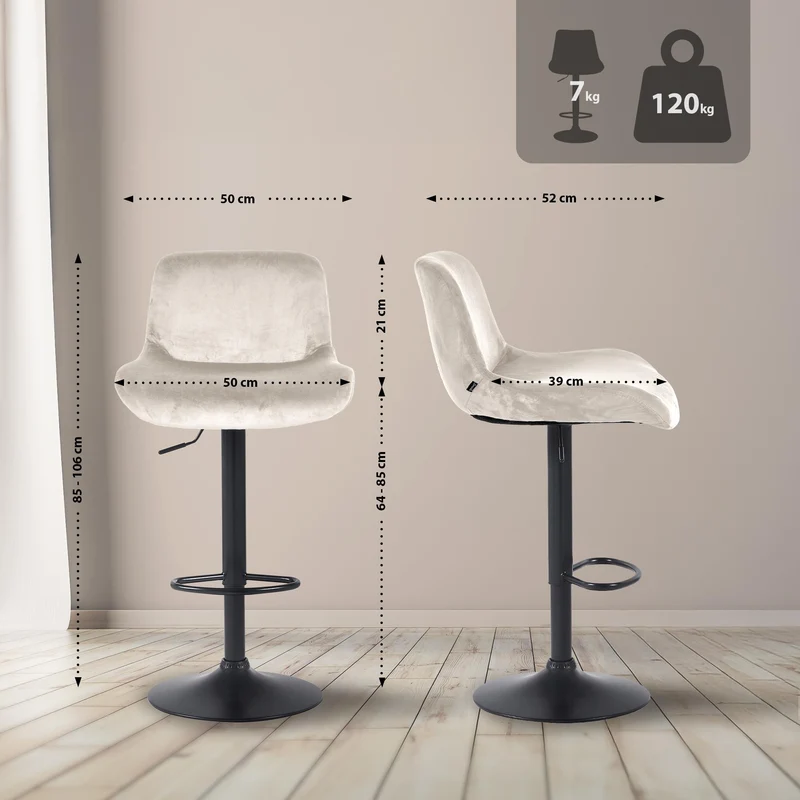 Lot de 2 tabourets de bar réglable en hauteur et rotatif repose-pieds en velours crème cadre en métal noir 10_0006097
