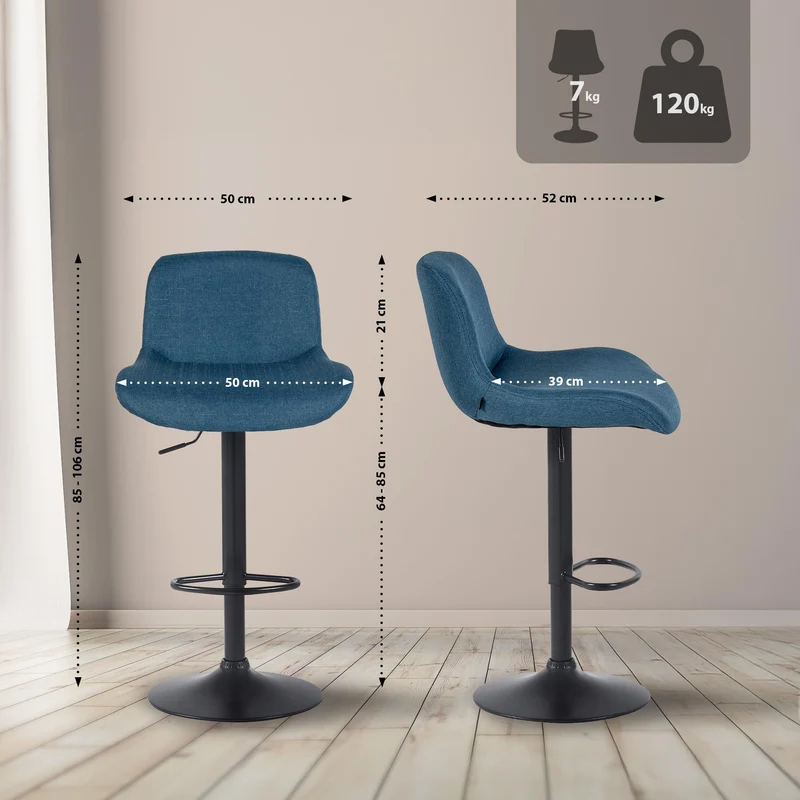 Tabouret de bar x1 réglable en hauteur et rotatif repose-pieds en tissu bleu cadre en métal noir 10_0006050