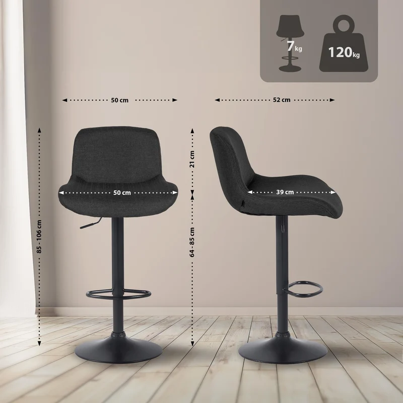 Lot de 2 tabourets de bar réglable en hauteur et rotatif repose-pieds en tissu noir cadre en métal noir 10_0005981