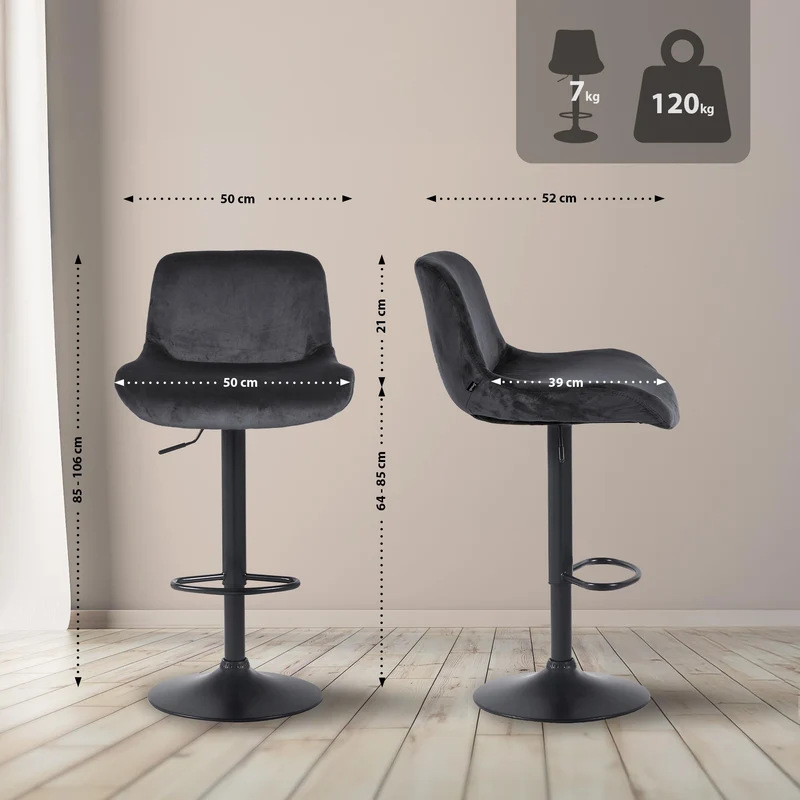 Lot de 2 tabourets de bar réglable en hauteur et rotatif repose-pieds en velours noir cadre en métal noir 10_0005955