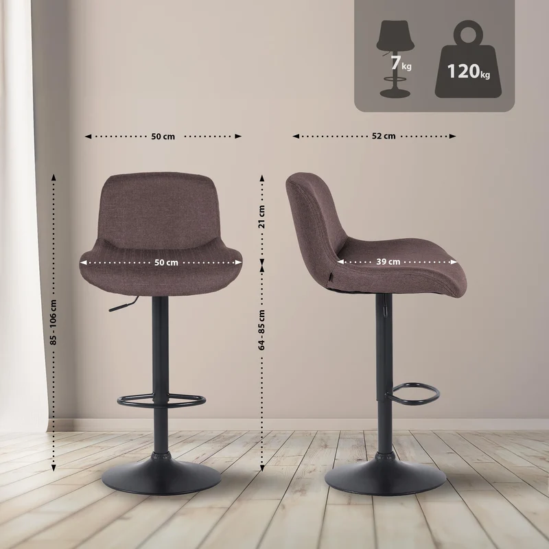 Tabouret de bar x1 réglable en hauteur et rotatif repose-pieds en tissu marron cadre en métal noir 10_0005882