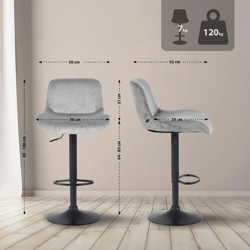 Tabouret de bar x1 réglable en hauteur et rotatif repose-pieds en velours gris cadre en métal noir 10_0005814