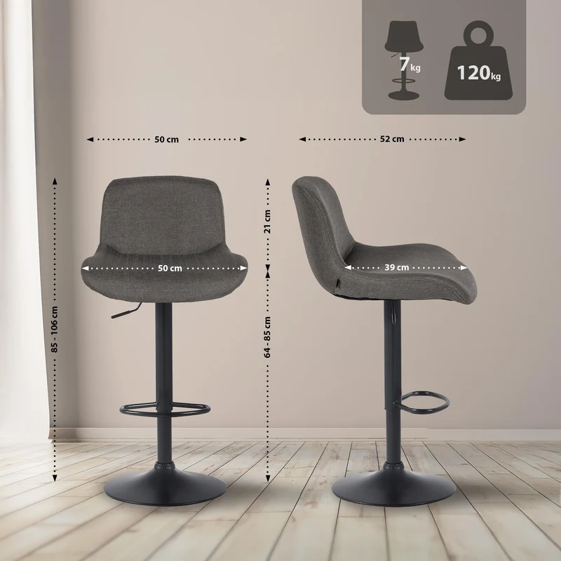 Tabouret de bar x1 réglable en hauteur et rotatif repose-pieds en tissu gris foncé cadre en métal noir 10_0005751