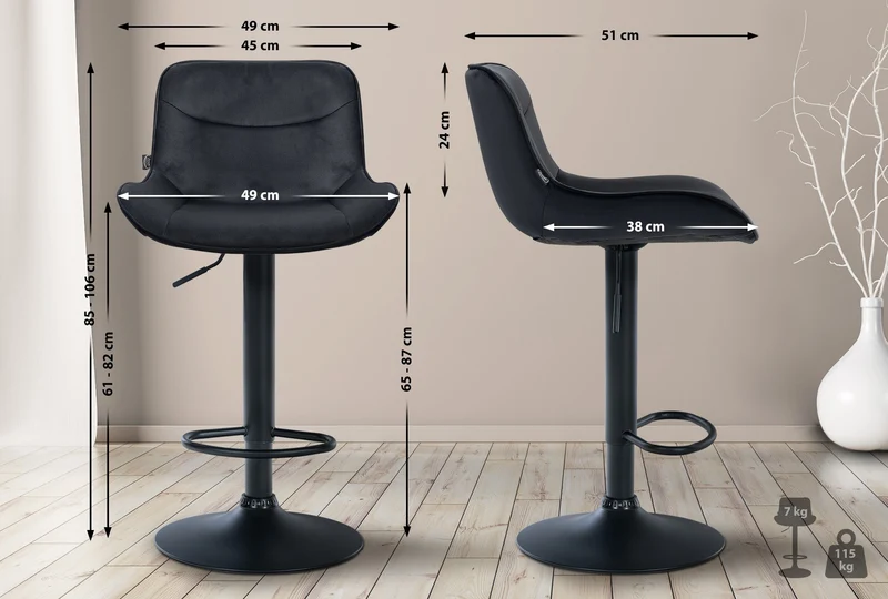Lot de 2 tabourets de bar pivotant forme ergonomique surpiqûres décoratives en velours noir cadre en métal noir 10_0006362