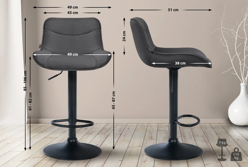 Lot de 2 tabourets de bar pivotant forme ergonomique surpiqûres décoratives en tissu gris foncé cadre en métal noir 10_0006081