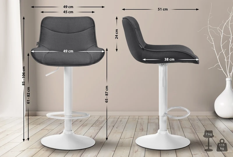 Lot de 2 tabourets de bar pivotant forme ergonomique surpiqûres décoratives en tissu gris foncé cadre en métal blanc 10_0005996