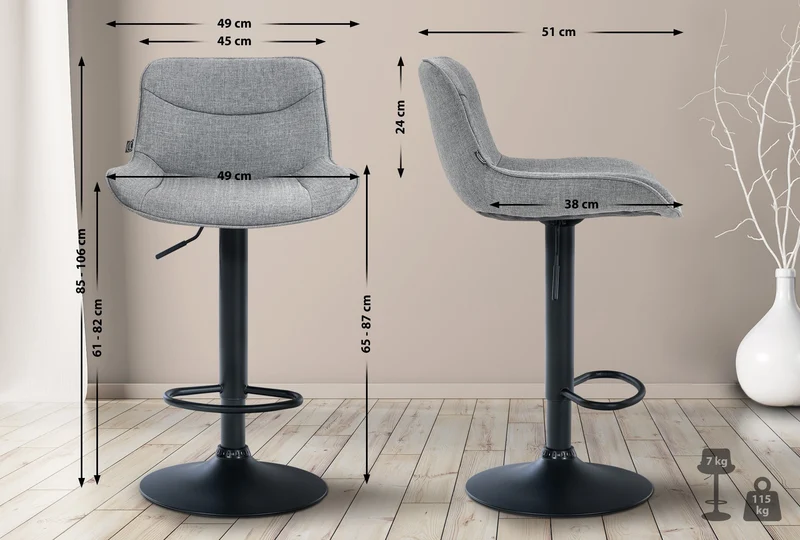 Tabouret de bar x1 pivotant forme ergonomique surpiqûres décoratives en tissu gris cadre en métal noir 10_0005824