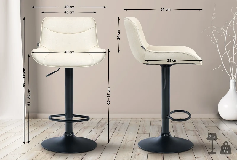 Tabouret de bar x1 pivotant forme ergonomique surpiqûres décoratives en tissu crème cadre en métal noir 10_0005766