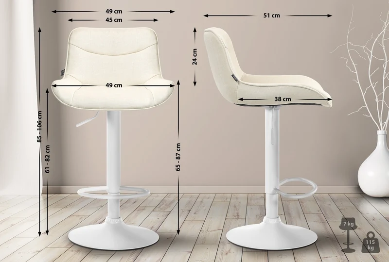 Tabouret de bar x1 pivotant forme ergonomique surpiqûres décoratives en tissu crème cadre en métal blanc 10_0005763