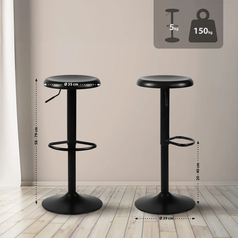Tabouret de bar x1 hauteur réglable avec repose-pieds design moderne en métal noir 10_0005777