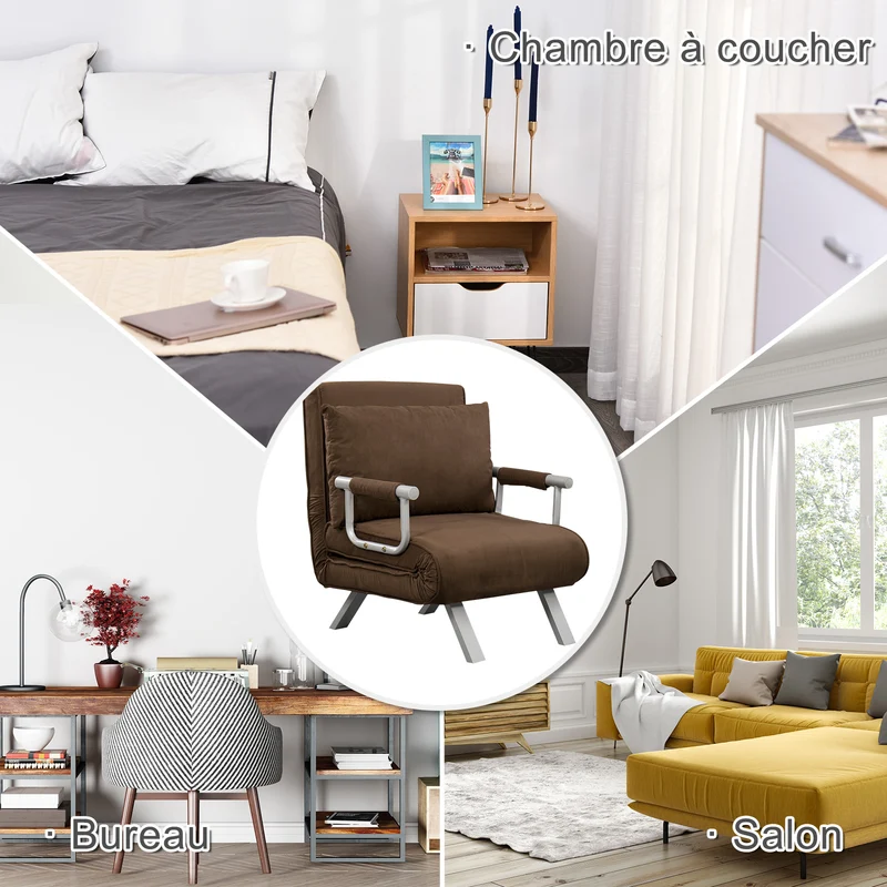 Fauteuil chauffeuse 1 place salon chambre 65 x 69 x 82 cm convertible déhoussable design contemporain en suède marron 21_0001686