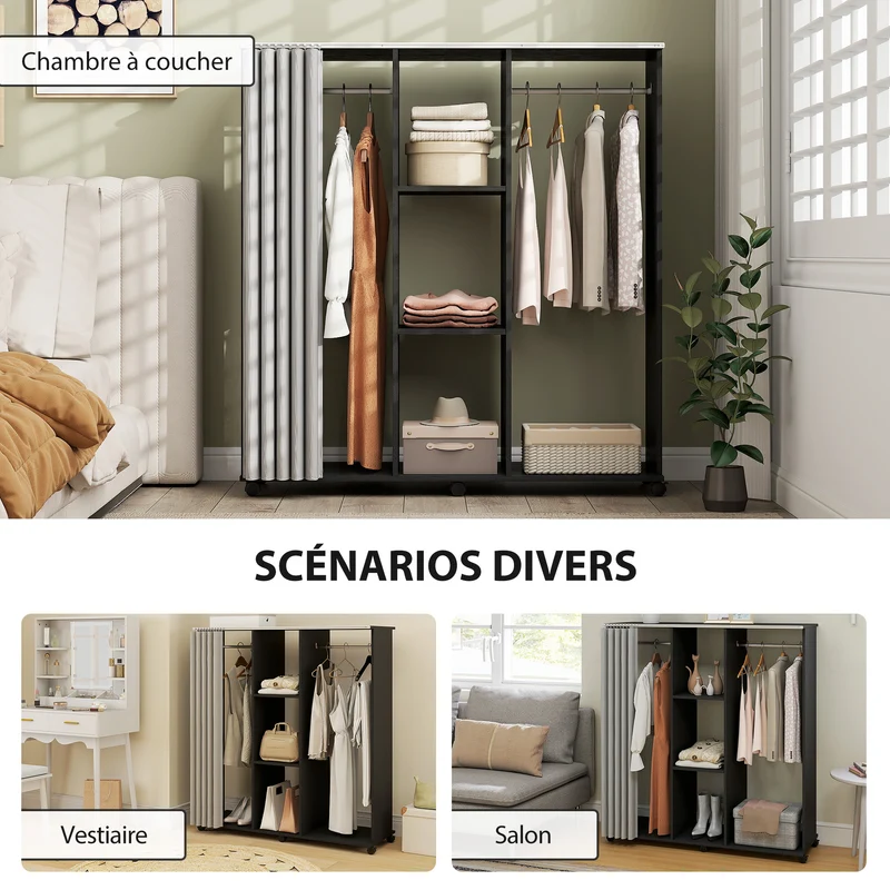 Armoire penderie 120 x 40 x 128 cm grand espace rangement 6 roulettes épuré contemporain en panneau de particule noir 21_0001427