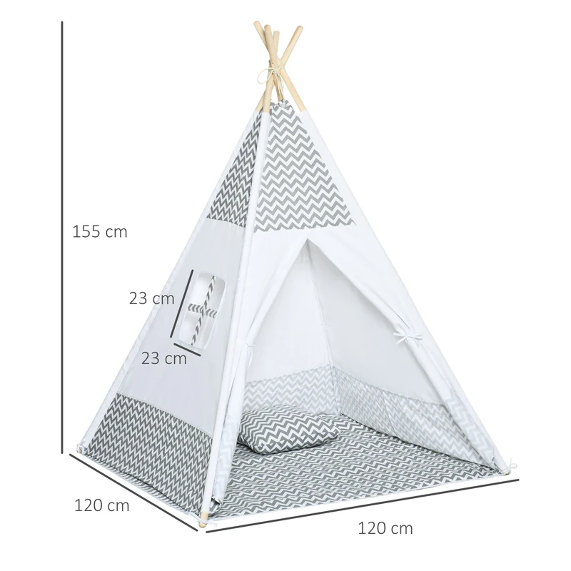 Tente de jeu tipi enfant 1,2 x 1,2 x 1,55 m porte refermable tapis rembourré coussin inclus scandinave en polyester gris 21_0000292