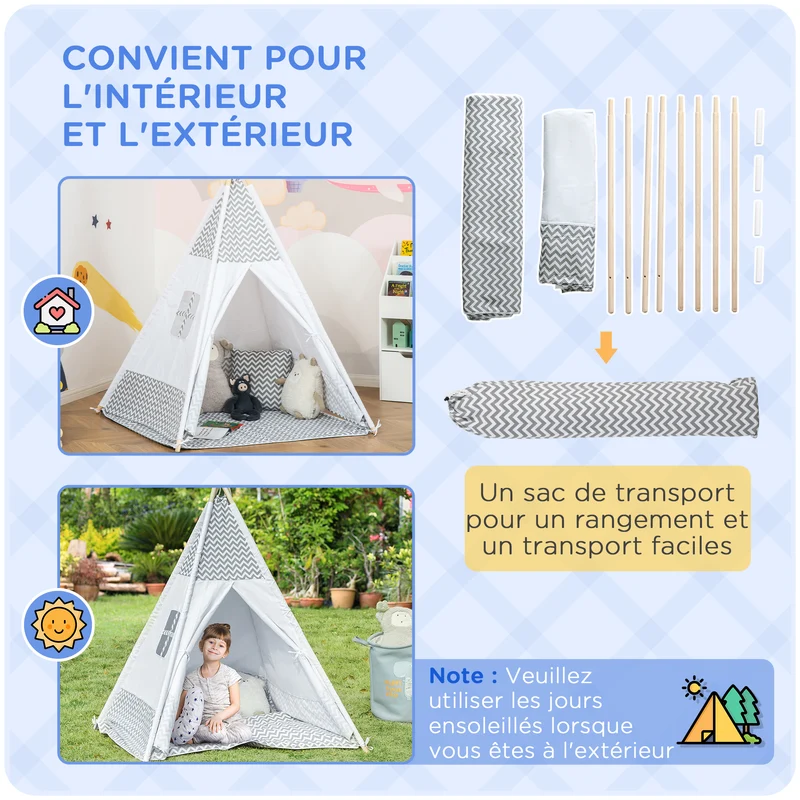 Tente de jeu tipi enfant 1,2 x 1,2 x 1,55 m porte refermable tapis rembourré coussin inclus scandinave en polyester gris 21_0000292
