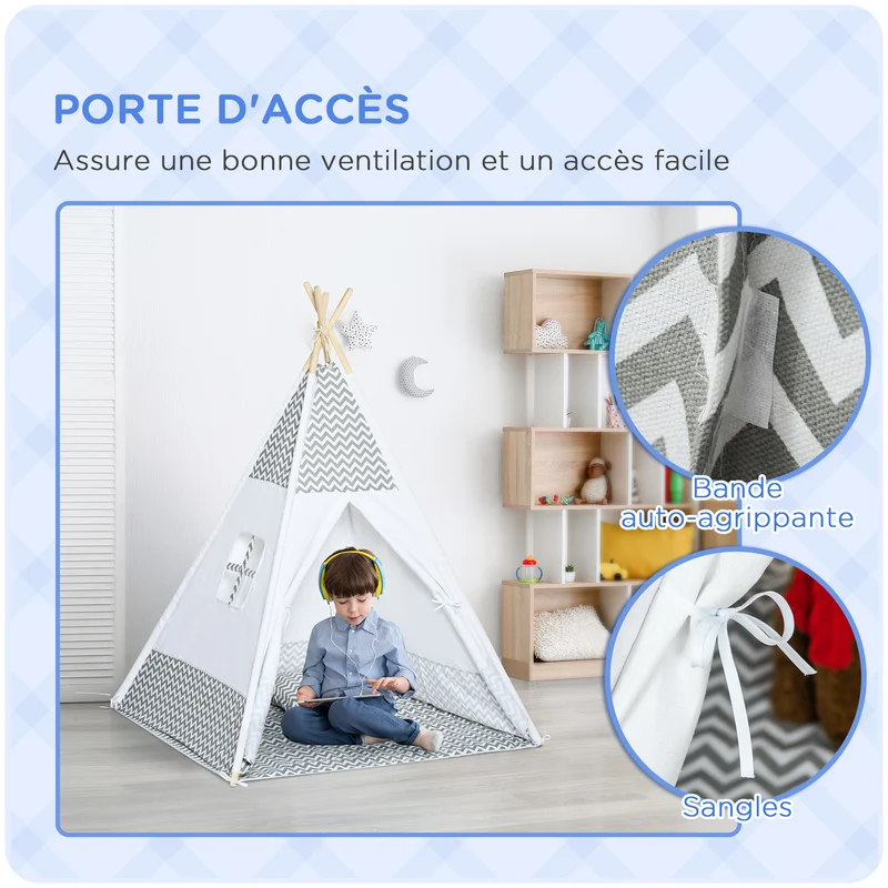 Tente de jeu tipi enfant 1,2 x 1,2 x 1,55 m porte refermable tapis rembourré coussin inclus scandinave en polyester gris 21_0000292