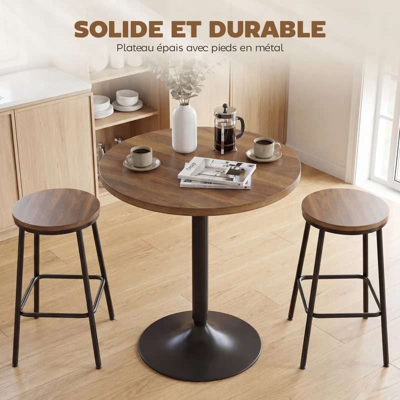 Table de bar ronde mange-debout 60 x 60 x 73 cm stable antidérapante pour petits espaces moderne épuré en bois noyer 21_0003373