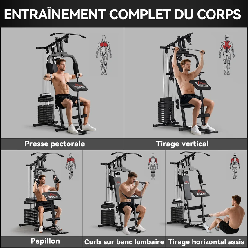 Station de musculation multifonction entraînement total 135 x 103 x 210 cm siège rembourré confort moderne en acier noir 21_0006796