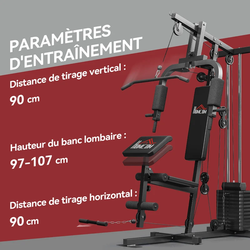 Station de musculation multifonction entraînement total 135 x 103 x 210 cm siège rembourré confort moderne en acier noir 21_0006796