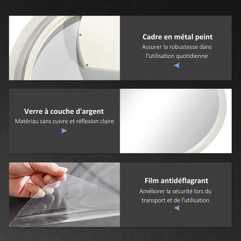 Miroir rond salle de bain chambre 70 x 3 cm éclairage réglable haute luminosité antibuée moderne épuré en verre argenté 21_0001972