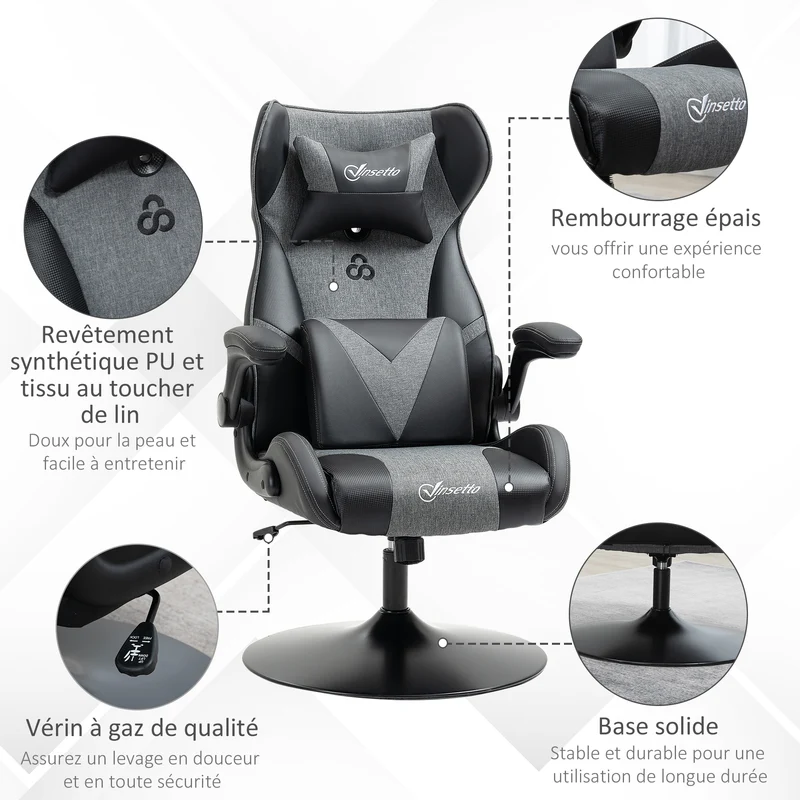 Fauteuil de jeu vidéo ergonomique 69 x 73 x 118 cm hauteur réglable assise très rembourrée design moderne en PU noir 21_0006214