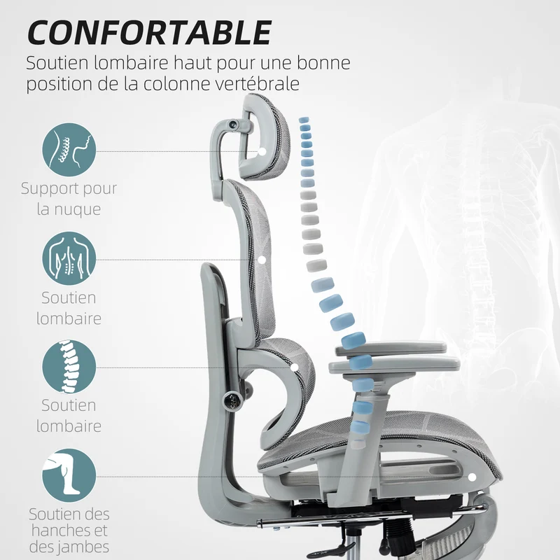 Chaise de bureau ergonomique 66 x 64 x 122 cm soutien lombaire appui-tête réglable moderne design stable en maille gris 21_0006293