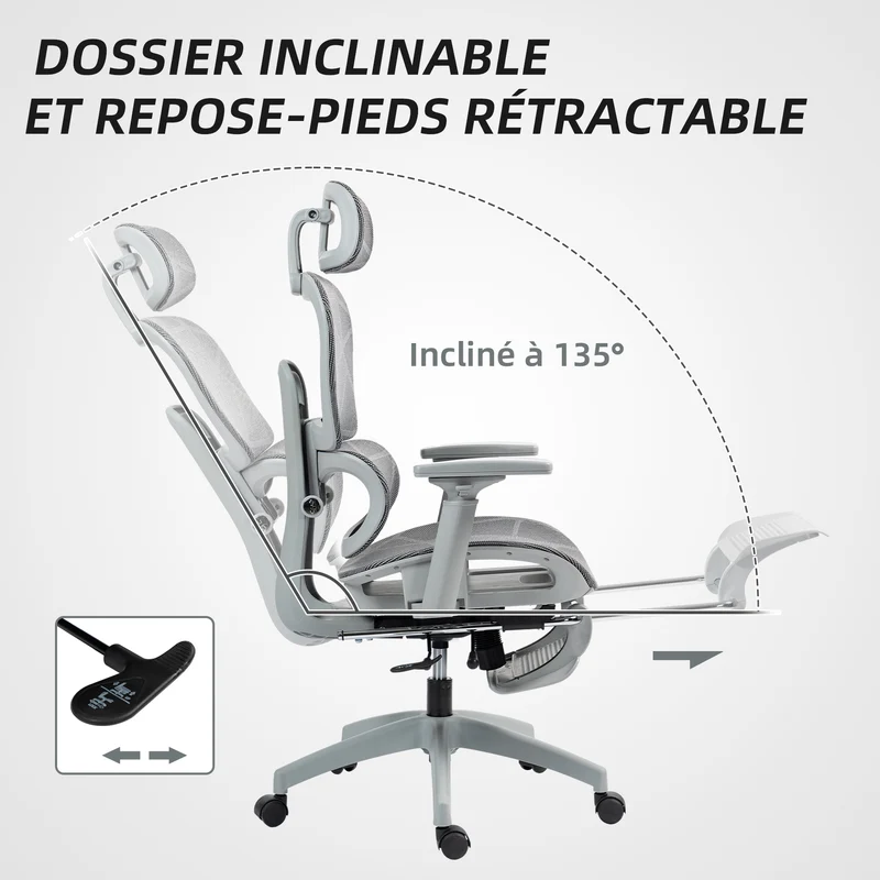 Chaise de bureau ergonomique 66 x 64 x 122 cm soutien lombaire appui-tête réglable moderne design stable en maille gris 21_0006293