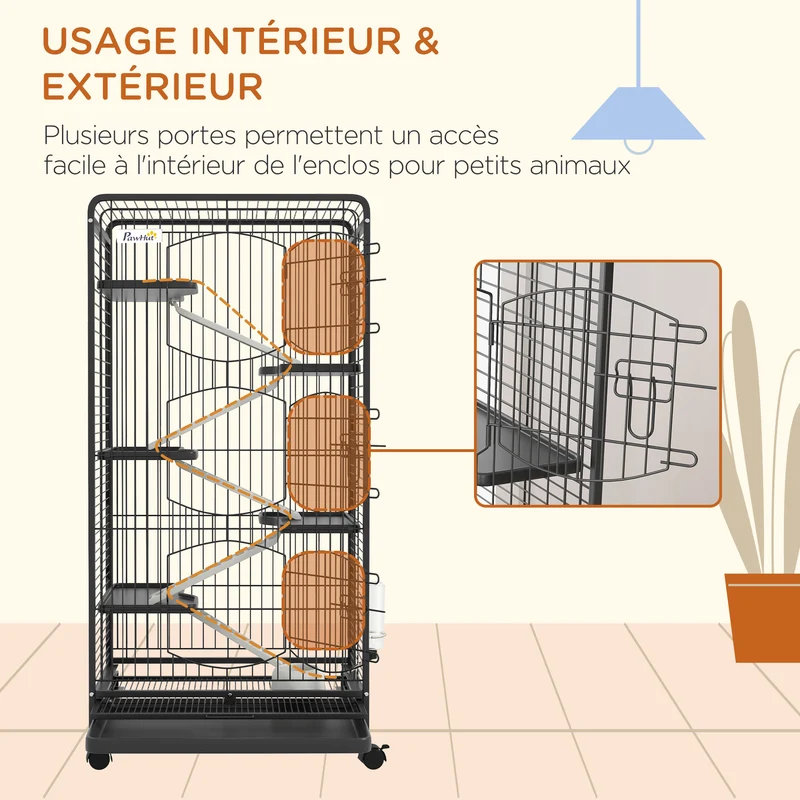 Cage pour petits animaux roulante 61.5 x 44 x 131 cm 5 rampes 5 plateformes bac amovible moderne épuré en métal noir 21_0007905