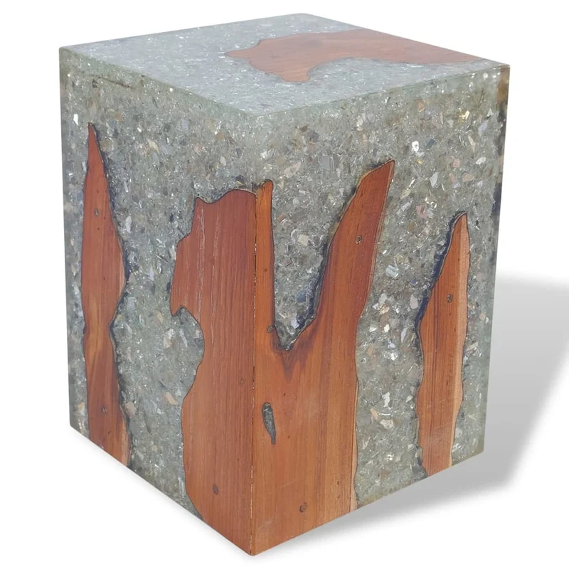 Tabouret assise support de plantes en bois de teck massif et résine multicolore DEC026338