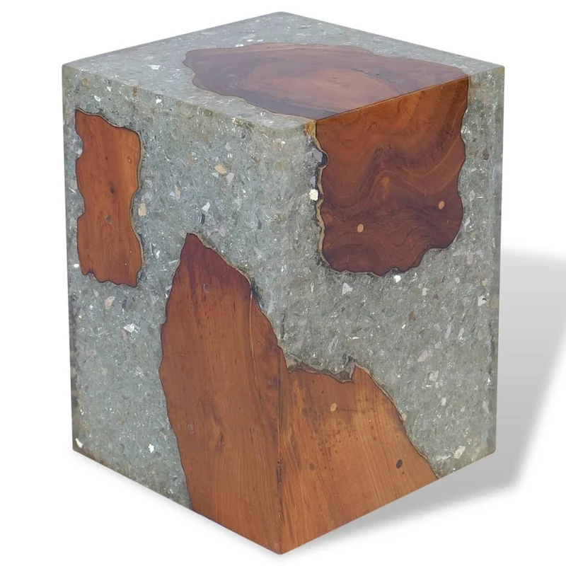 Tabouret assise support de plantes en bois de teck massif et résine multicolore DEC026338
