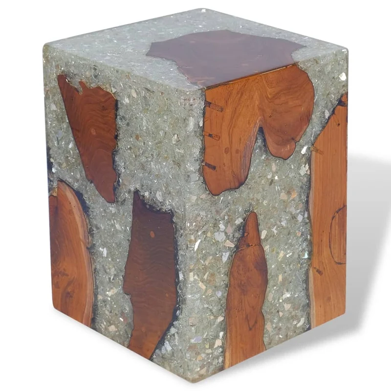 Tabouret assise support de plantes en bois de teck massif et résine multicolore DEC026338