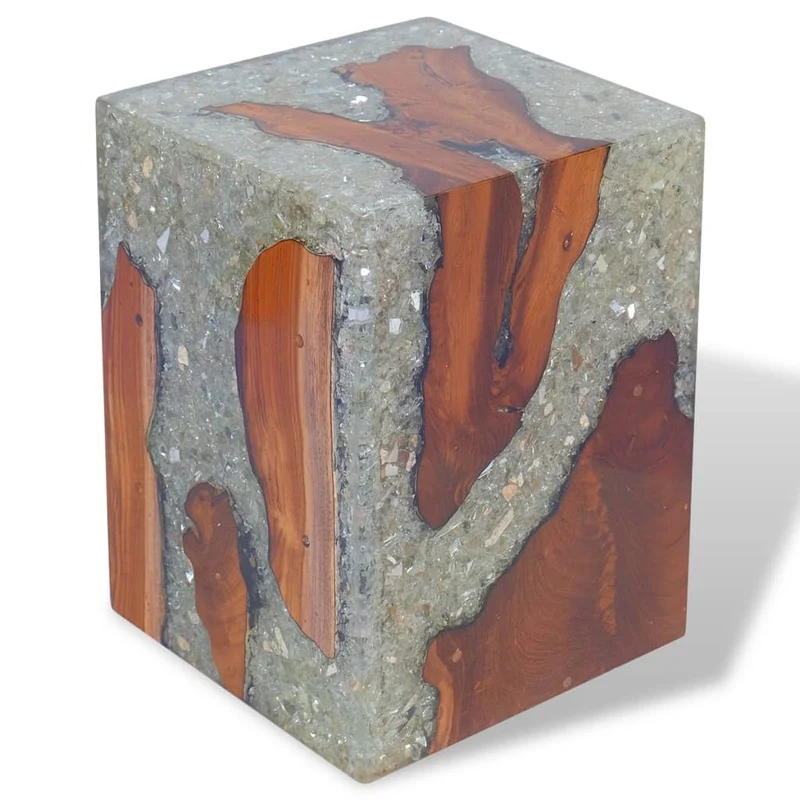 Tabouret assise support de plantes en bois de teck massif et résine multicolore DEC026338