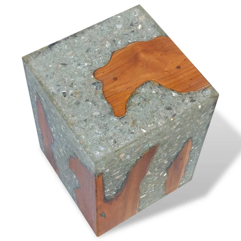Tabouret assise support de plantes en bois de teck massif et résine multicolore DEC026338