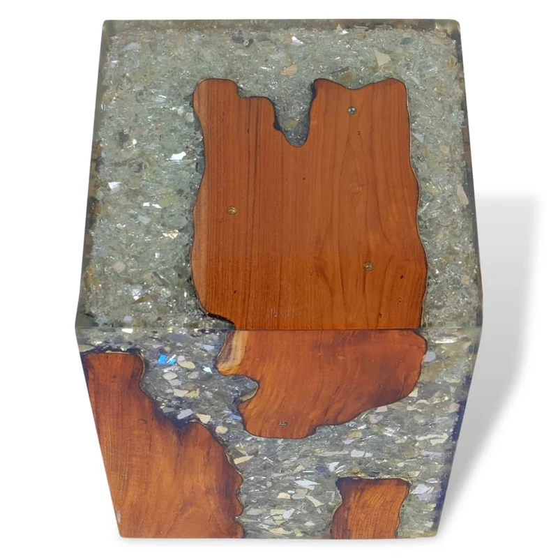 Tabouret assise support de plantes en bois de teck massif et résine multicolore DEC026338