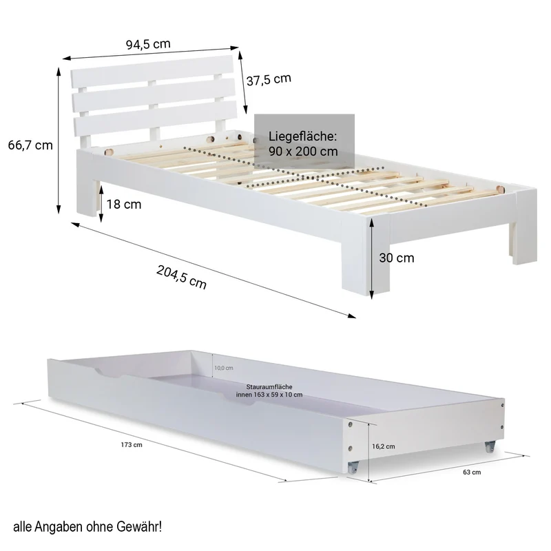 Lit simple en bois blanc de pin 90x200 avec sommier à lattes et tiroir de rangement LIT06231