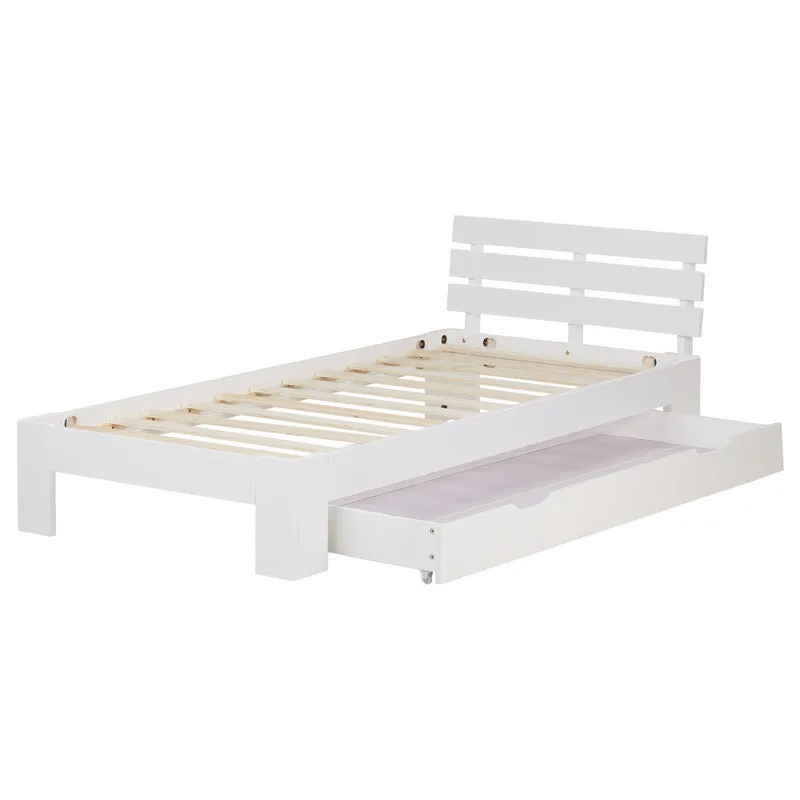 Lit simple en bois blanc de pin 90x200 avec sommier à lattes et tiroir de rangement LIT06231