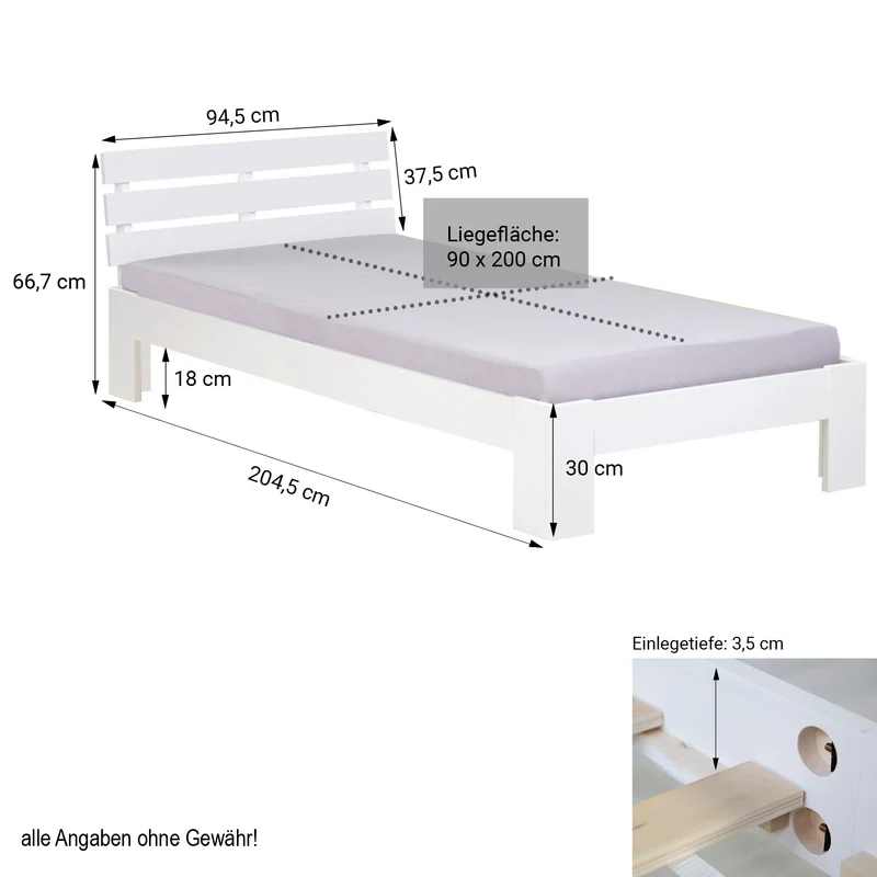 Lit simple en bois de pin blanc 90x200 avec sommier à lattes LIT06221