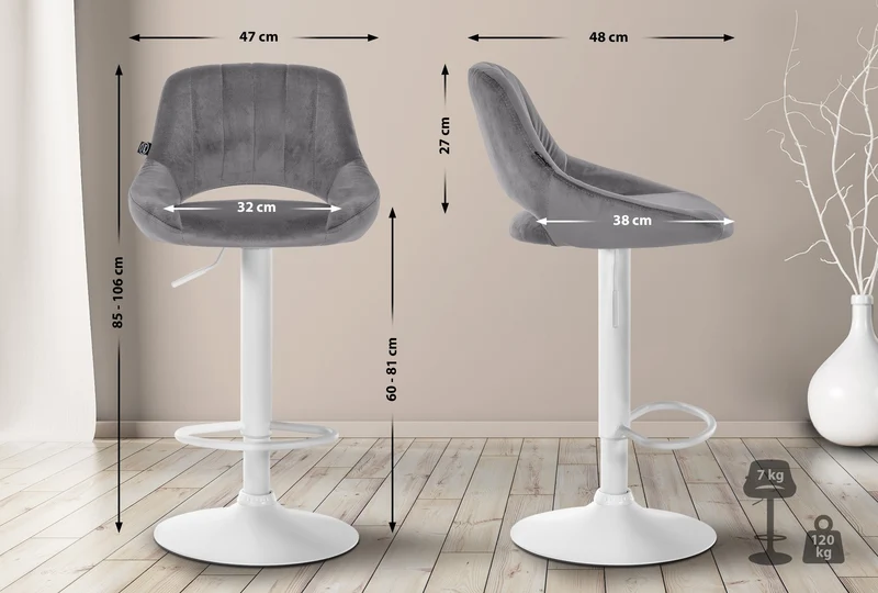 Tabouret de bar x1 réglable en hauteur en velours gris dossier ajouré et pied métal blanc 10_0005889