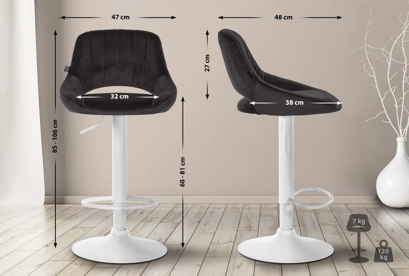 Tabouret de bar x1 réglable en hauteur en velours noir dossier ajouré et pied métal blanc 10_0005793