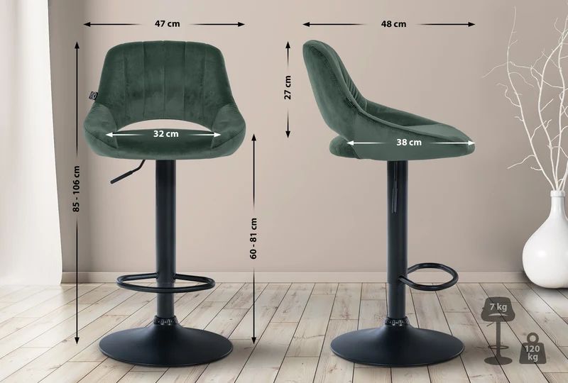 Tabouret de bar x1 réglable en hauteur en velours vert dossier ajouré et pied métal noir 10_0005738