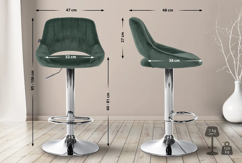 Tabouret de bar x1 réglable en hauteur en velours vert dossier ajouré et pied métal chromé 10_0005733
