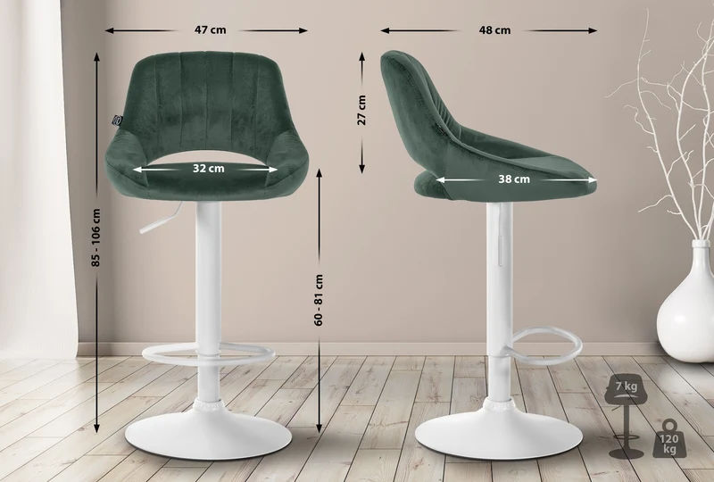 Tabouret de bar x1 réglable en hauteur en velours vert dossier ajouré et pied métal blanc 10_0005732