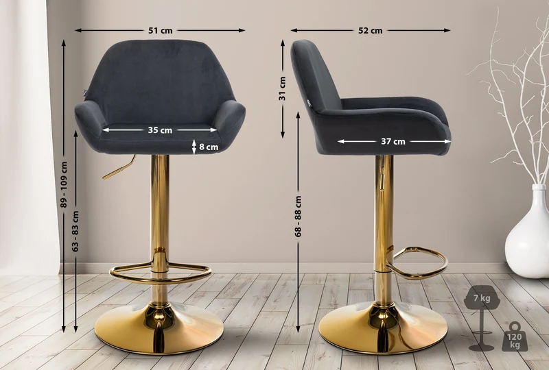 Tabouret de bar x1 avec repose-pieds et accoudoirs en velours noir piètement en trompette métal doré 10_0005604