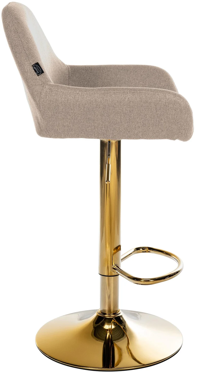 Tabouret de bar x1 avec repose-pieds et accoudoirs en tissu taupe piètement en trompette métal doré 10_0005603